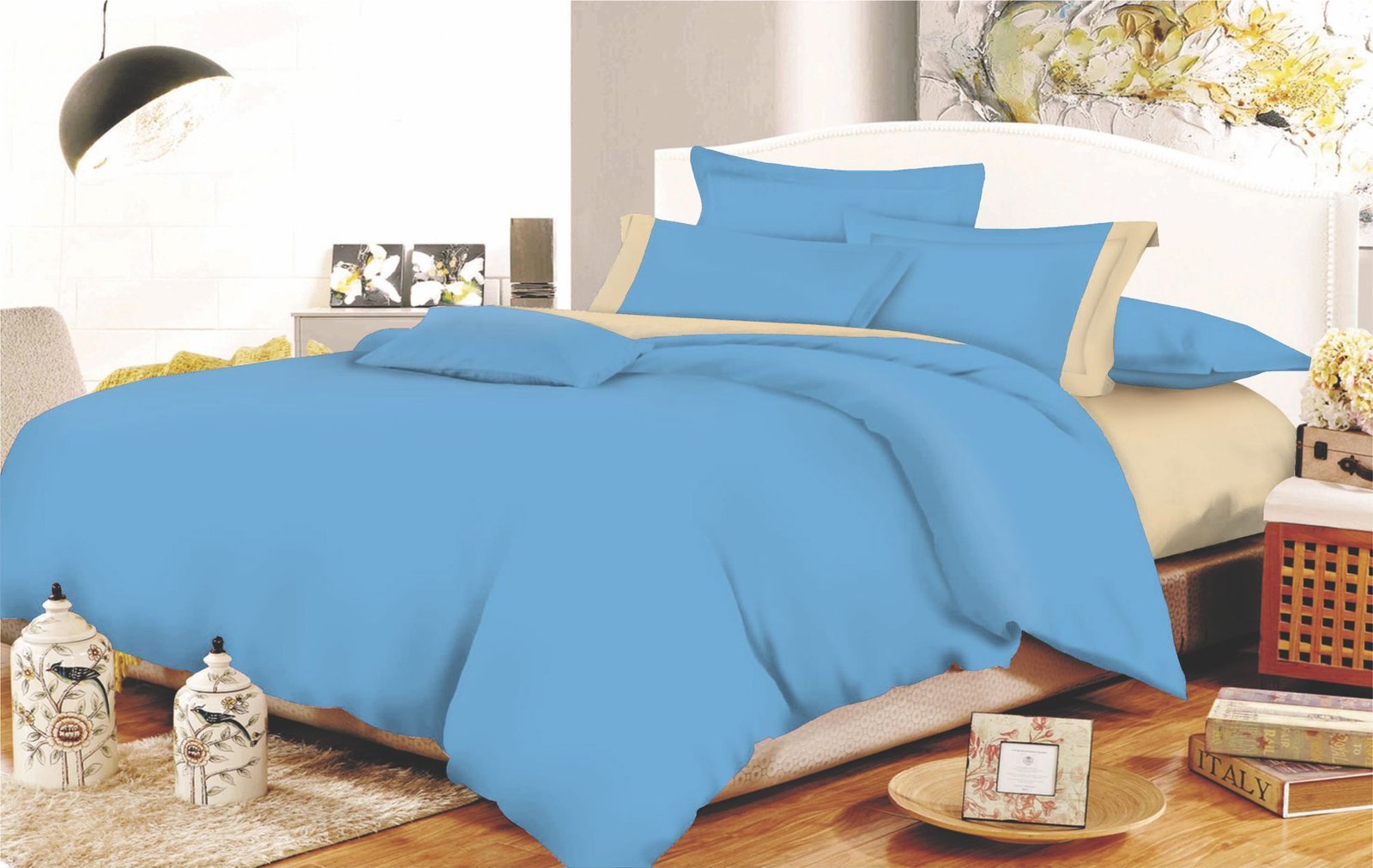 Σετ Σεντόνια ΚΟΜΒΟΣ Cotton Line Sky Blue - Beige Μονόχρωμα με Φάσα Μονά με λάστιχο 100x200+22