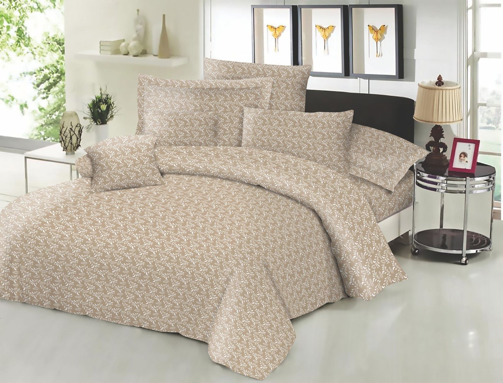 Σετ Σεντόνια ΚΟΜΒΟΣ Cotton Line Printed Fern Grey Beige με λάστιχο 100x200+22
