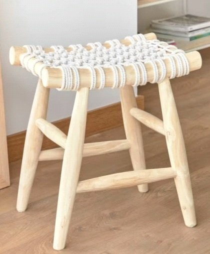 Ξύλινο Σκαμπό Macrame ΚΟΜΒΟΣ (45x32x45) Wood 60% - Cotton 40% Natural