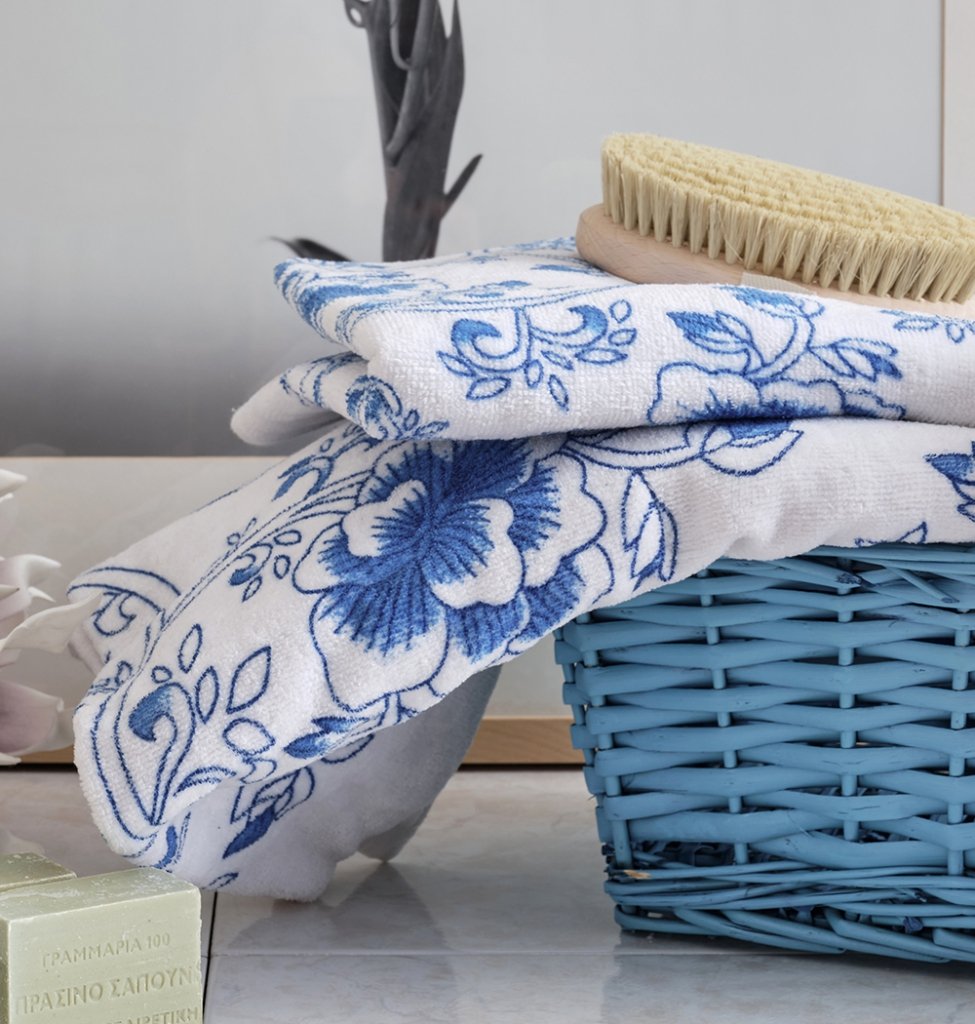 Πετσέτα Τυπωμένη Βελούρ Dahlia - Blue, Προσώπου 50x90 - MK- COKITEX