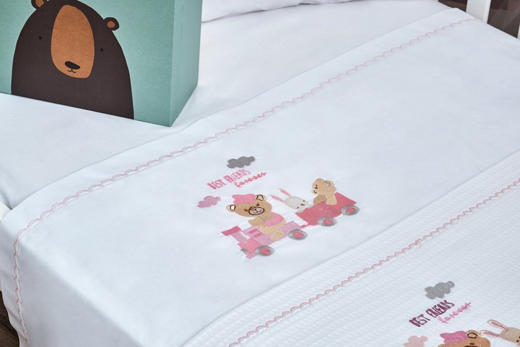 Σεντόνια Σετ Λευκό με Kέντημα Train Pink - (2x 120x160 + 1 μαξ. 30x40) - BABY- COKITEX