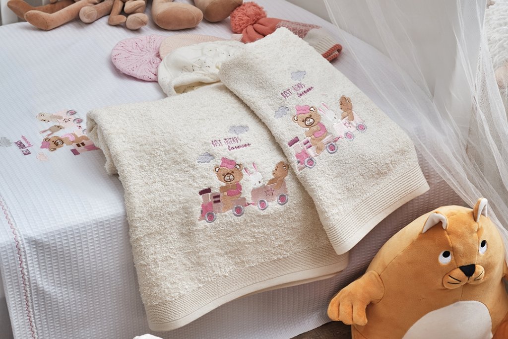 Πετσέτες Σετ με κέντημα Train Pink - 50x90,75x150 με κέντημα - KIDS WITH LOVE- COKITEX