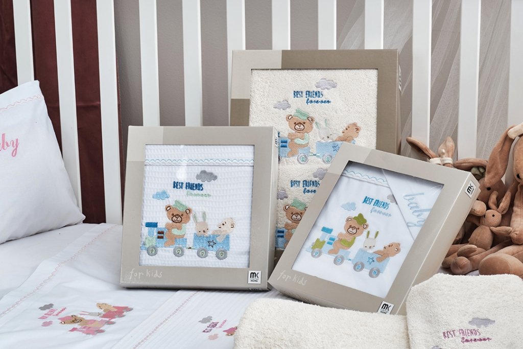 Σεντόνια Σετ Λευκό με Kέντημα Train Blue - (2x 120x160 + 1 μαξ. 30x40) - BABY- COKITEX