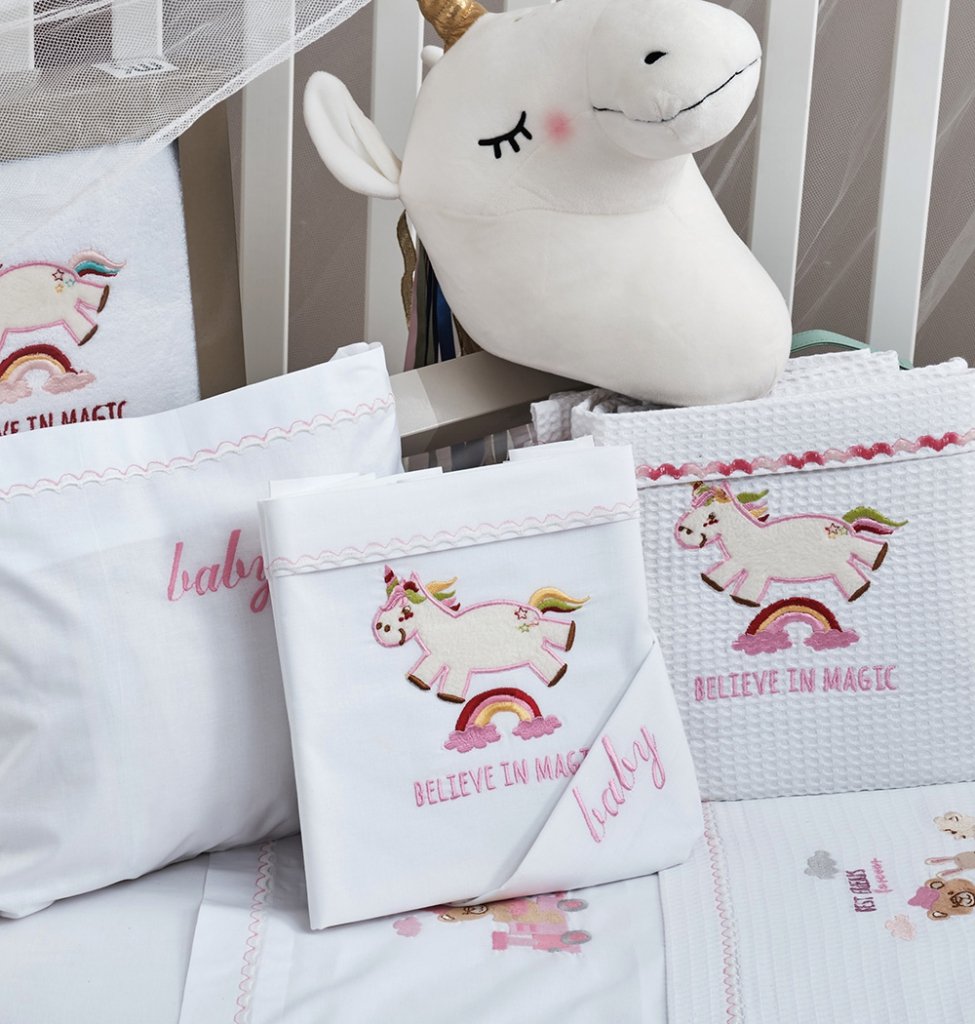 Alternative view of Σεντόνια Σετ Λευκό με Kέντημα Unicorn Pink - (2x 120x160 + 1 μαξ. 30x40) - BABY- COKITEX