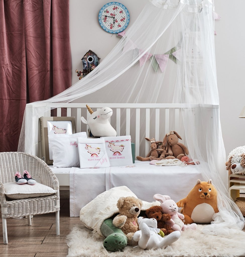 Σεντόνια Σετ Λευκό με Kέντημα Unicorn Pink - (2x 120x160 + 1 μαξ. 30x40) - BABY- COKITEX