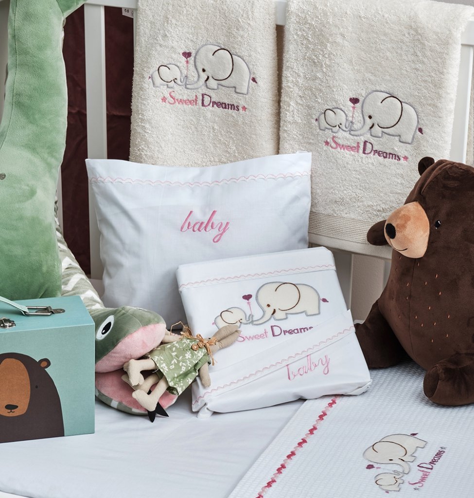 Σεντόνια Σετ Λευκό με Κέντημα Elephant Pink - (2x 120x160 + 1 μαξ. 30x40) - BABY- COKITEX