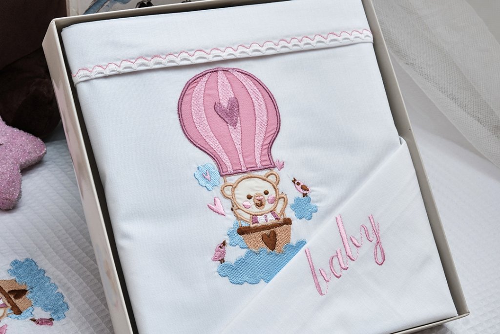Alternative view of Σεντόνια Σετ Λευκό με Κέντημα Baloon Pink - (2x 120x160 + 1 μαξ. 30x40) - BABY- COKITEX