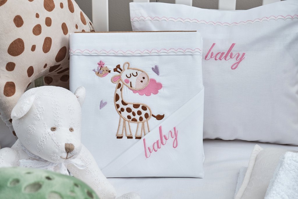 Alternative view of Σεντόνια Σετ Λευκό με Kέντημα Giraffe Pink - (2x 120x160 + 1 μαξ. 30x40) - BABY- COKITEX