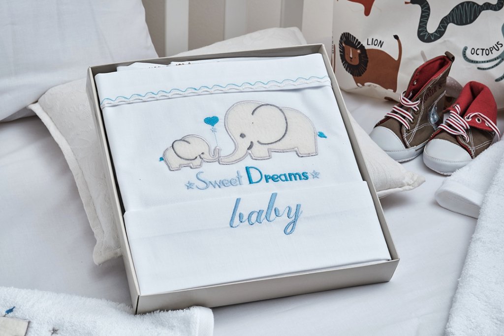 Alternative view of Σεντόνια Σετ Λευκό με Κέντημα Elephant Blue - (2x 120x160 + 1 μαξ. 30x40) - BABY- COKITEX