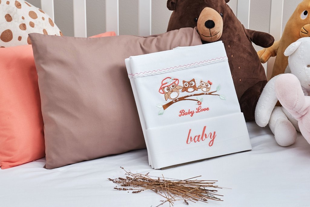 Σεντόνια Σετ Λευκό με Κέντημα Owl Apricot - (2x 120x160 + 1 μαξ. 30x40) - BABY- COKITEX