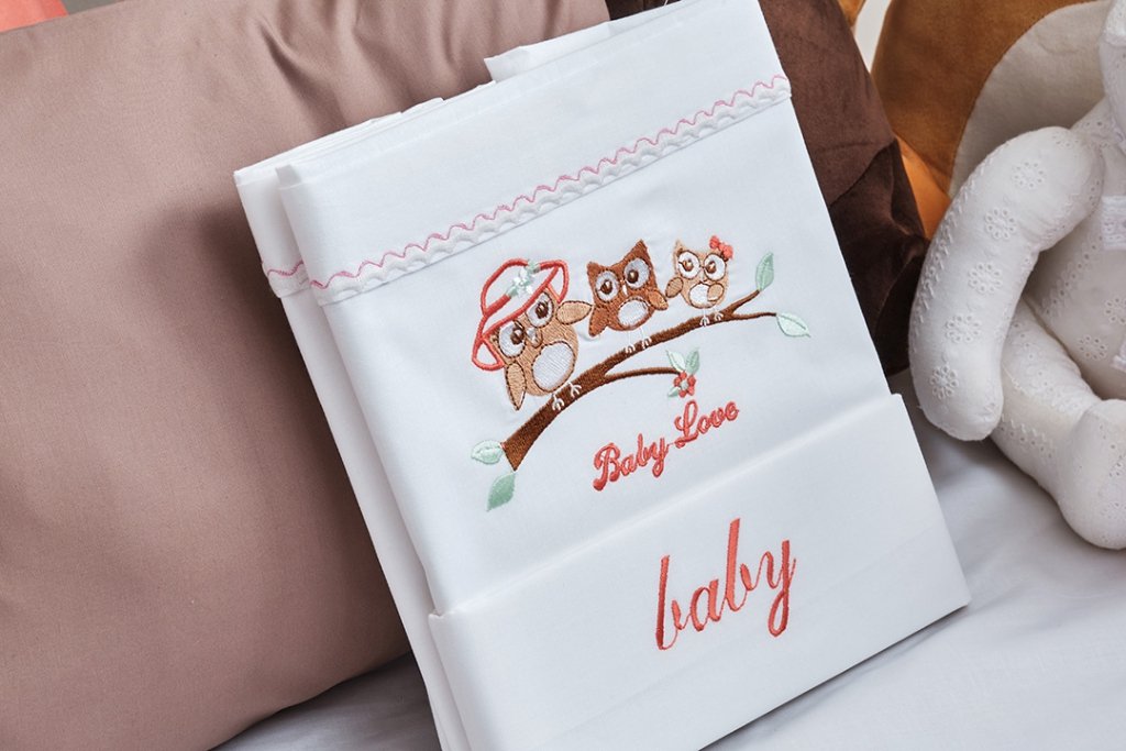 Alternative view of Σεντόνια Σετ Λευκό με Κέντημα Owl Apricot - (2x 120x160 + 1 μαξ. 30x40) - BABY- COKITEX