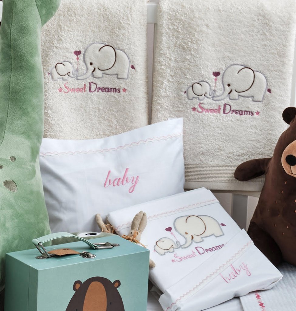 Alternative view of Σεντόνια Σετ Λευκό με Κέντημα Elephant Pink - (2x 120x160 + 1 μαξ. 30x40) - BABY- COKITEX