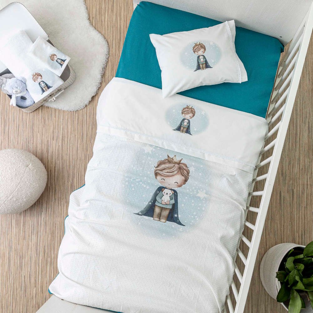 Κουβέρτα Πικέ Κούνιας Little King - 110 x 140 cm - Λευκό-Πετρόλ - Borea Home Textiles