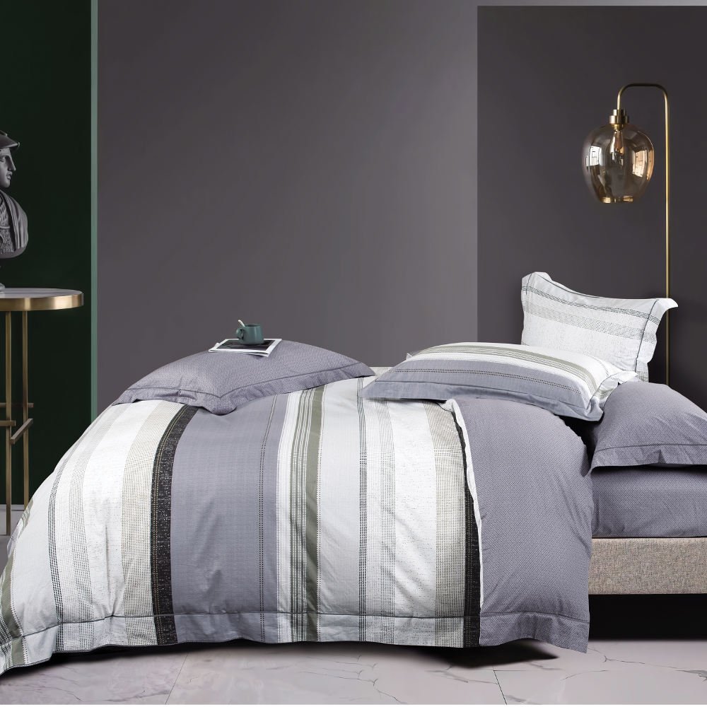 Παπλωματοθήκη Εμπριμέ Σετ Linen Υπέρδιπλη - 220 x 240 cm + (2) 50 x 70 cm - Γκρι - Borea Home Textiles