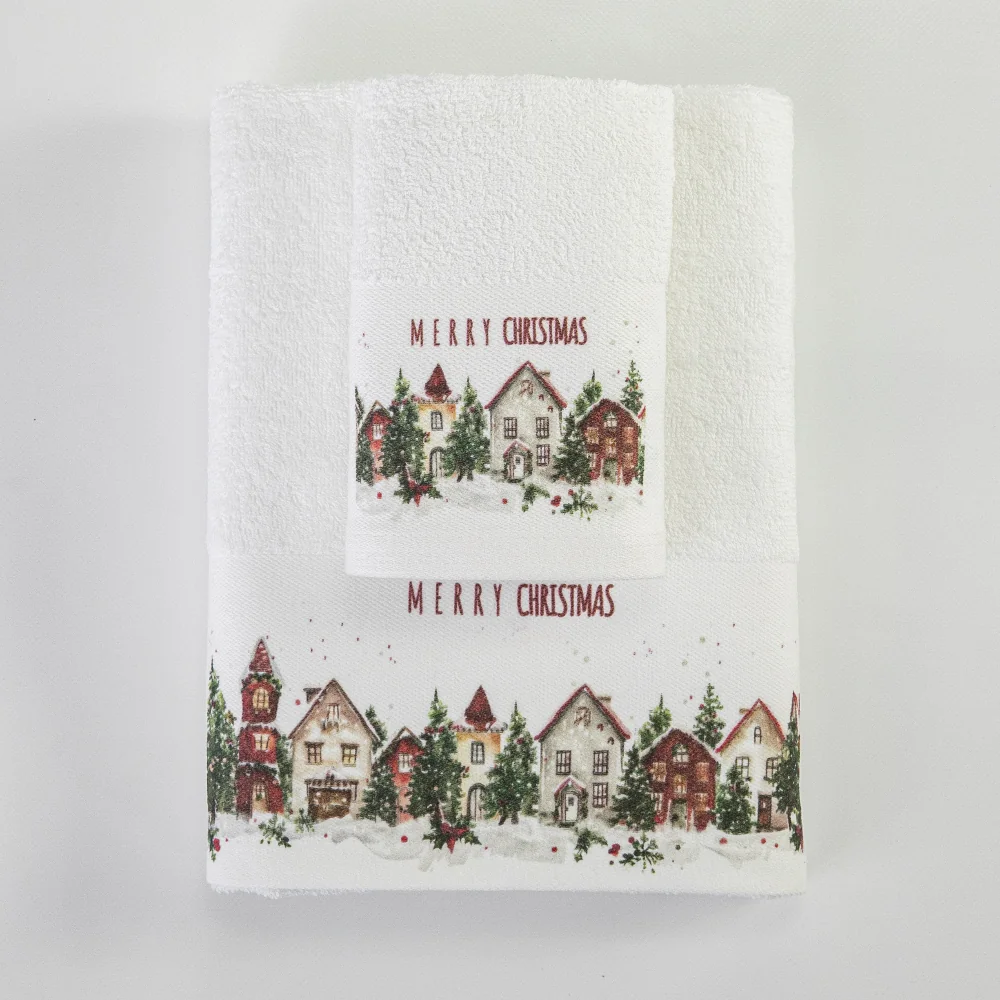 Πετσέτες Χριστουγεννιάτικες Σετ 2ΤΜΧ Christmas Village Λευκό - 50 x 90 / 30 x 50 cm - Λευκό - Borea Home Textiles
