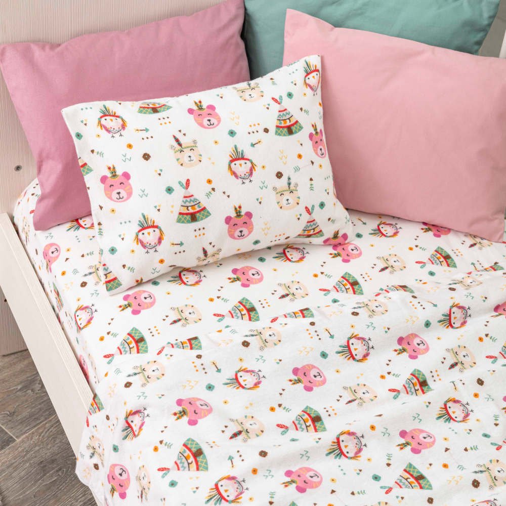 Alternative view of Σεντόνια Κούνιας Φανελένιο Σετ Indian Bear Ροζ - (2) 120 x 160 cm + 30 x 40 cm - Ροζ - Borea Home Textiles