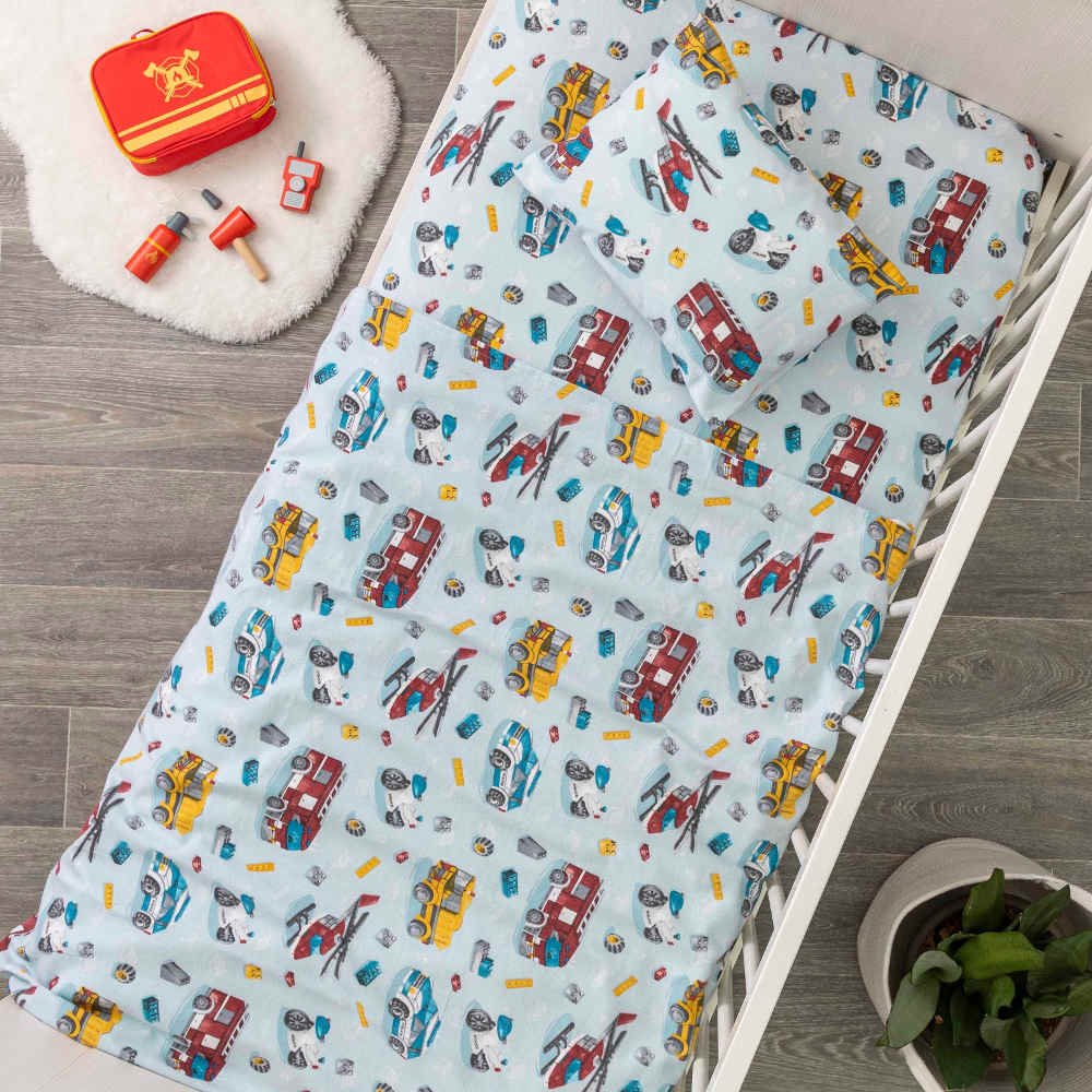 Σεντόνια Κούνιας Φανελένιο Σετ Πυροσβεστική - (2) 120 x 160 cm + 30 x 40 cm - Σιέλ - Borea Home Textiles