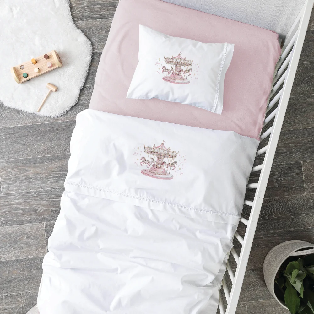 Σεντόνια Κούνιας Σετ Carousel Λευκό-Ροζ - (2) 120 x 160 cm + 30 x 40 cm - Λευκό-Ροζ - Borea Home Textiles