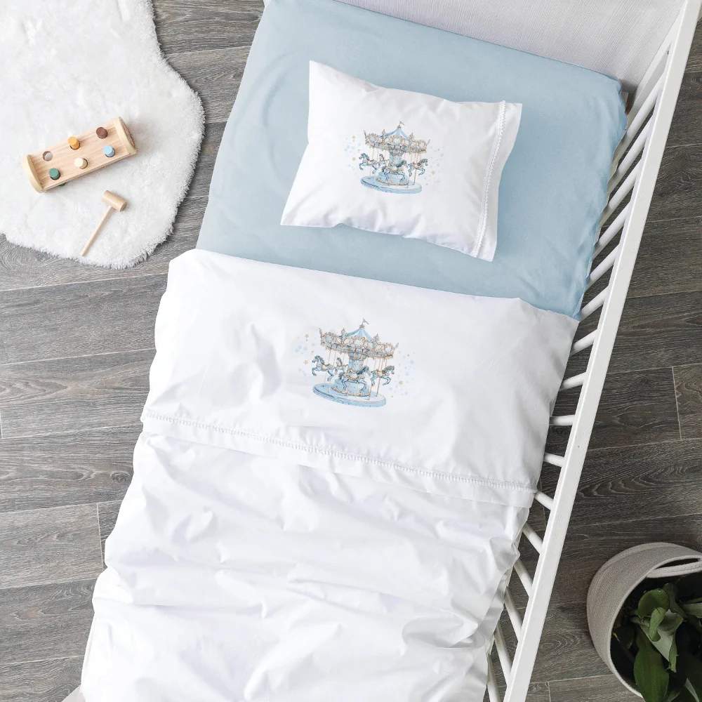 Σεντόνια Κούνιας Σετ Carousel Λευκό-Σιέλ - (2) 120 x 160 cm + 30 x 40 cm - Λευκό-Σιέλ - Borea Home Textiles